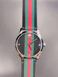 Gucci G Timeless Quartz Black Dial Multicolored Black Leather Strap Watch For Men - YA12640799