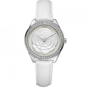Buy Shop Guess Rosette Analog White Dial White Leather Strap Watch For Women - W75043L1 USA Online