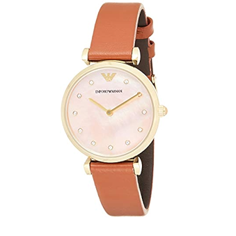 Buy Shop Emporio Armani Gianni T Bar Quartz Pink Mother of Pearl Dial Brown Leather Strap Watch For Women - AR1960 USA Online