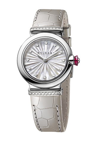 Buy Shop Bvlgari LVCEA Diamonds Silver Mother of Pearl Dial Silver Leather Strap Watch for Women - LVCEA103367 USA Online
