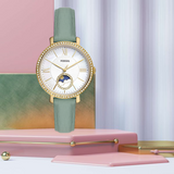 Buy Shop Fossil Jacqueline Analog Moonphase Mother of Pearl White Dial Green Leather Strap Watch for Women - ES5168 USA Online