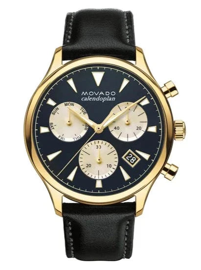 Buy Shop Movado Heritage Chronograph Calendoplan Blue Dial Black Leather Strap Watch for Men - 3650006 USA Online