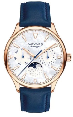 Buy Shop Movado Heritage Celestograf White Mother of Pearl Dial Blue Leather Strap Watch For Women - 3650011 USA Online