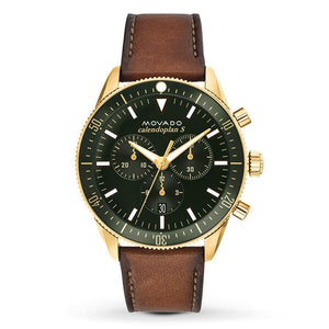 Buy Shop Movado Heritage Chronograph Green Dial Brown Leather Strap Watch For Men - 3650062 USA Online