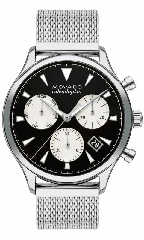 Buy Shop Movado Heritage Calendoplan Chronograph Black Dial Silver Mesh Strap Watch for Men - 3650097 USA Online
