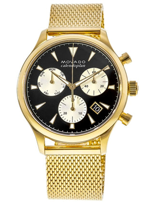 Buy Shop Movado Heritage Calendoplan Chronograph Black Dial Gold Mesh Strap Watch for Men - 3650098 USA Online