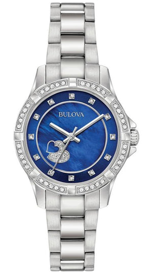 Bulova Crystal Collection Blue Mother of Pearl Dial Silver Steel Strap Watch for Women - 96L238