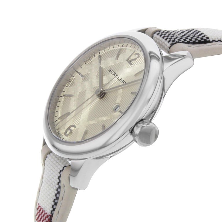 Buy Shop Burberry The Classic Guilloche Silver Dial Grey Leather Strap Watch for Women - BU10113 USA Online