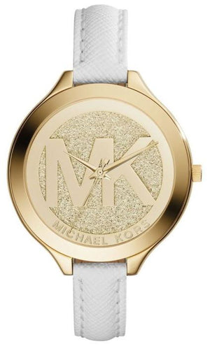 Buy Shop Michael Kors Slim Runway Quartz Gold Dial White Leather Strap Watch For Women - MK2389 USA Online