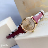 Burberry Heritage Nova Gold Dial Haymarket Red Leather Strap Watch for Women - BU9111