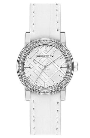 Burberry The City Diamonds Silver Dial White Leather Strap Watch for Women - BU9222