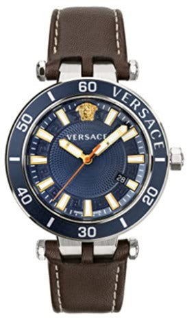 Buy Shop Versace Greca Sport Analog Blue Dial Brown Leather Strap Watch For Men - VEZ300121 USA Online