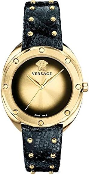 Buy Shop Versace Shadov Quartz Gold Dial Black Leather Strap Watch for Women - VEBM00318 USA Online