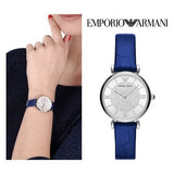 Buy Shop Emporio Armani Gianni T Bar Quartz Crystals Silver Dial Blue Leather Strap Watch For Women - AR11344 USA Online
