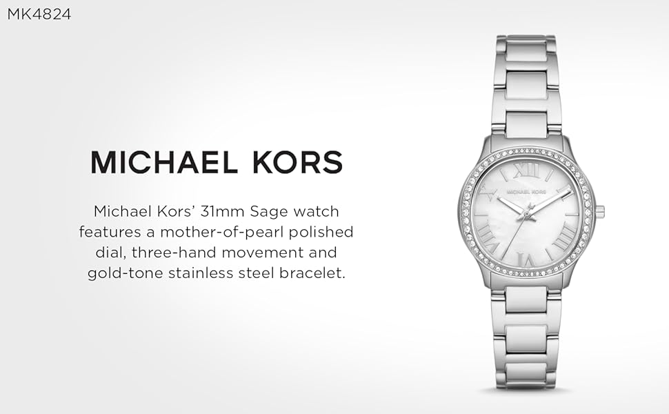Buy Shop Michael Kors Sage Three-Hand Mother of Pearl White Dial Silver Steel Strap Watch for Women - MK4824 USA Online