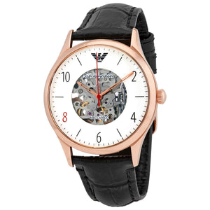 Buy Shop Emporio Armani Meccanico White Skeleton Dial Black Leather Strap Watch For Men - AR1924 USA Online