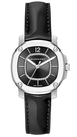 Burberry The Britain Diamonds Black Dial Black Leather Strap Watch for Women - BBY1809