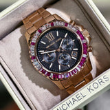 Michael Kors Everest Chronograph Black Dial Rose Gold Steel Strap Watch for Women - MK6972