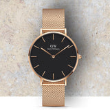 Buy Shop Daniel Wellington Classic Melrose Black Dial Rose Gold Mesh Bracelet Watch For Women - DW00100161 USA Online