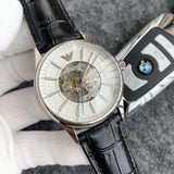 Buy Shop Emporio Armani Meccanico Silver Skeleton Dial Black Leather Strap Watch For Men - AR2072 USA Online
