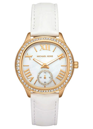 Buy Shop Michael Kors Sage Three-Hand Mother of Pearl White Dial White Leather Strap Watch for Women - MK4818 USA Online