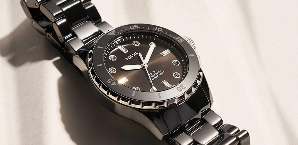 Buy Shop Fossil FB-01 Three-Hand Black Dial Black Ceramic Strap Watch for Women - CE1108 USA Online