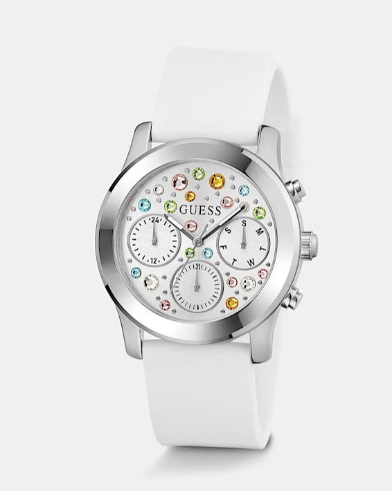 Buy Shop Guess Wanderlust Crystals Silver Dial White Rubber Strap Watch for Women - W1059L1 USA Online