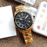 Buy Shop Fossil Inscription Automatic Black Dial Gold Steel Strap Watch for Men - FS5267 USA Online