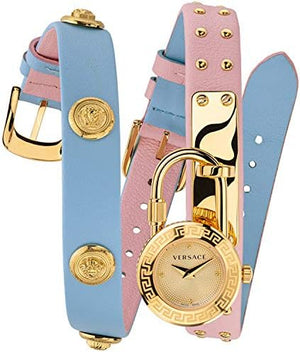 Buy Shop Versace Medusa Lock Icon Quartz Gold Dial Pink & Blue Leather Strap Watch For Women - VEDW00219 USA Online