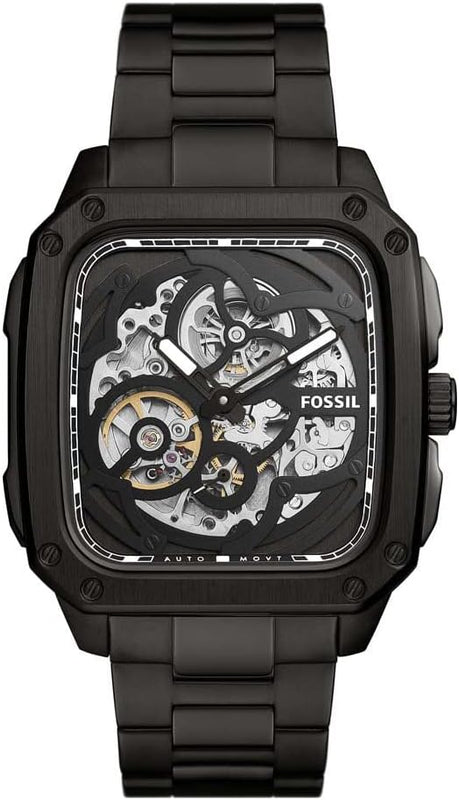 Buy Shop Fossil Inscription Automatic Skeleton Black Dial Black Steel Strap Watch for Men - BQ2574 USA Online