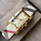 Burberry Pioneer Gold Dial Haymarket Beige Leather Strap Watch for Women - BU9509