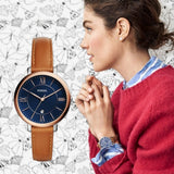 Buy Shop Fossil Jacqueline Three Hand Date Luggage Blue Dial Brown Leather Strap Watch for Women - ES4274 USA Online