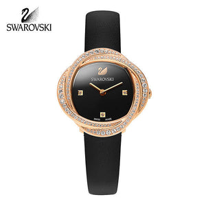 Buy Shop Swarovski Crystal Flower Black Dial Black Leather Strap Watch for Women - 5552421 USA Online