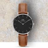 Buy Shop Daniel Wellington Petite Sterling Black Dial Brown Leather Strap Watch For Women - DW00100178 USA Online