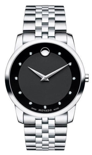 Buy Shop Movado Museum Diamonds Black Dial Silver Steel Strap Watch For Men - 606878 USA Online