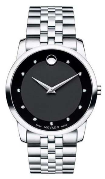 Buy Shop Movado Museum Diamonds Black Dial Silver Steel Strap Watch For Men - 606878 USA Online