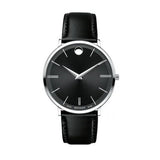 Movado Ultra Slim Black Dial Black Leather Strap Watch For Men - 0607086