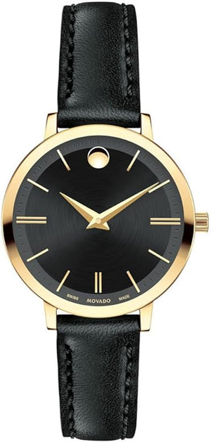 Movado Ultra Slim Black Dial Black Leather Strap Watch For Women -  0607095