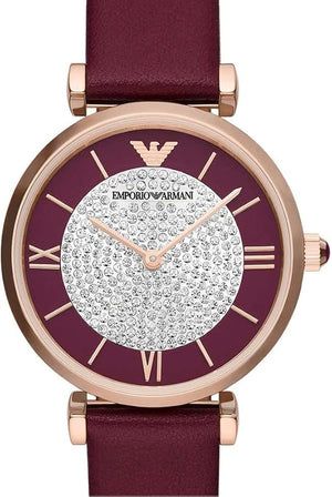 Buy Shop Emporio Armani Gianni T Bar Crystals Maroon Dial Maroon Leather Strap Watch for Women - AR11487 USA Online