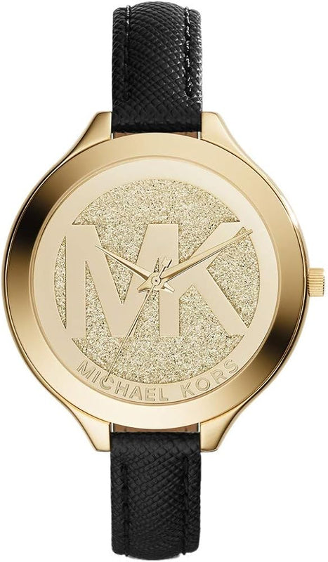 Buy Shop Michael Kors Slim Runway Quartz Gold Dial Black Leather Strap Watch For Women - MK2392 USA Online