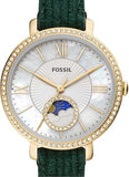 Fossil Jacqueline Multifunction Moonphase Mother of Pearl White Dial Green Leather Strap Watch for Women - ES5244