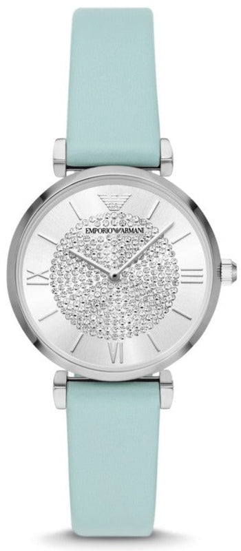 Buy Shop Emporio Armani Gianni T Bar Analog Crystals Silver Dial Blue Leather Strap Watch For Women - AR11443 USA Online