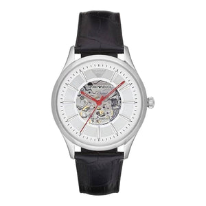 Buy Shop Emporio Armani Meccanico Silver Skeleton Dial Black Leather Watch For Men - AR1997 USA Online