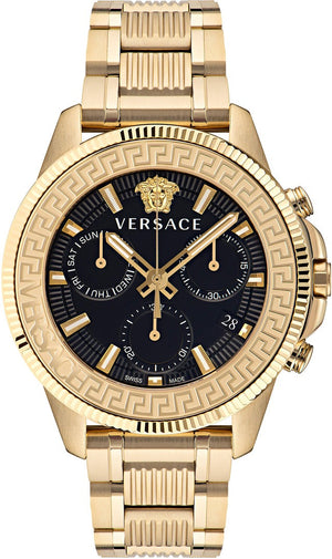 Versace Greca Action Chronograph Black Dial Gold Steel Strap Watch For Men - VE3J00622