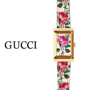 Gucci G-Frame Floral Mother of Pearl Dial White Leather Strap Watch For Women - YA147406