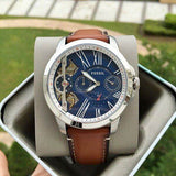 Buy Shop Fossil Grant Twist Multifunction Blue Dial Brown Leather Strap Watch for Men - ME1161 USA Online