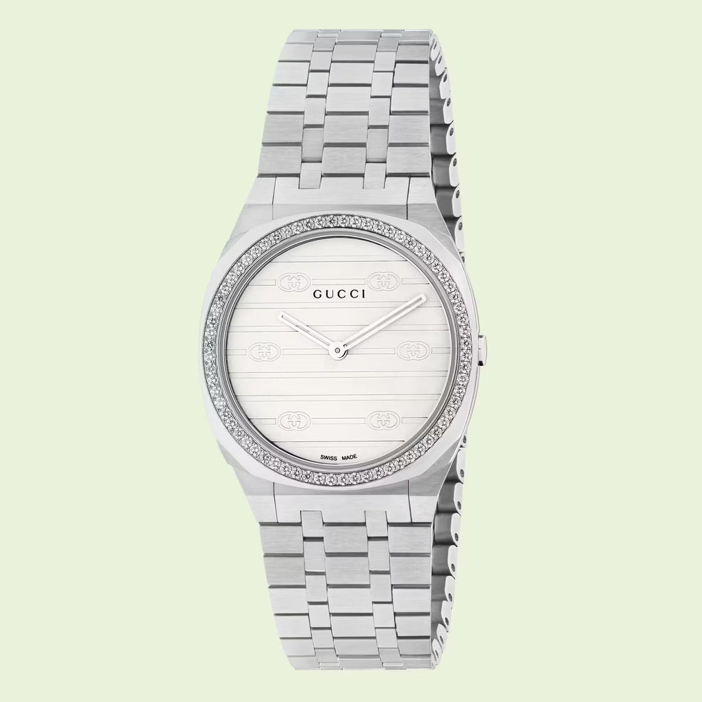 Gucci 25H Quartz Diamonds Silver Dial Silver Steel Strap Watch for Women - YA163401