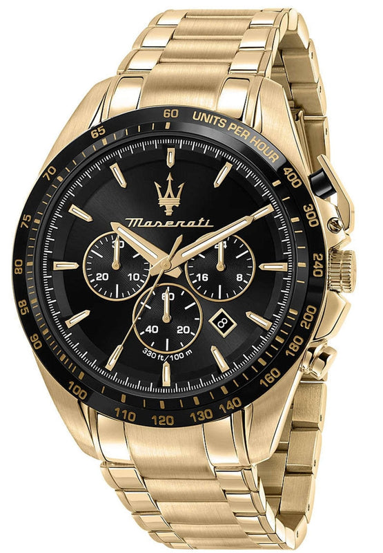 Buy Shop Maserati Traguardo Chronograph Black Dial Gold Steel Strap Watch For Men - R8873612041 USA Online