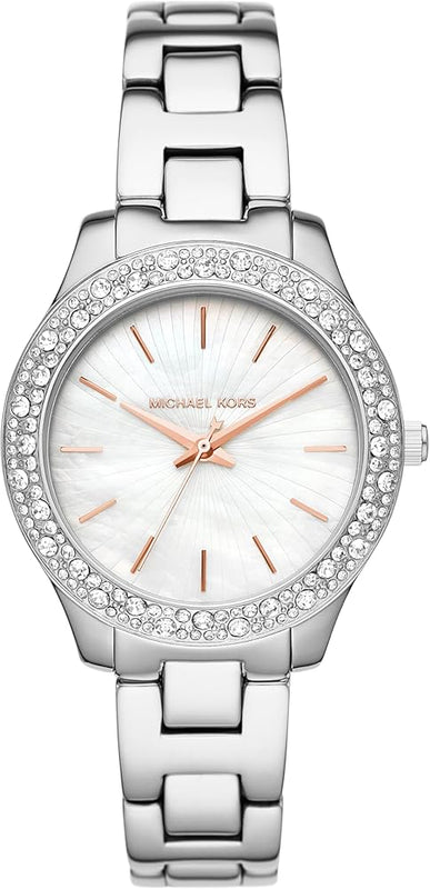 Buy Shop Michael Kors Liliane Three Hand Mother of Pearl White Dial Silver Steel Strap Watch For Women - MK4556 USA Online