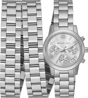 Buy Shop Michael Kors Runway 18K Rhodium Plated Triple Wrap Silver Dial Silver Steel Strap Watch for Women - MK7451 USA Online